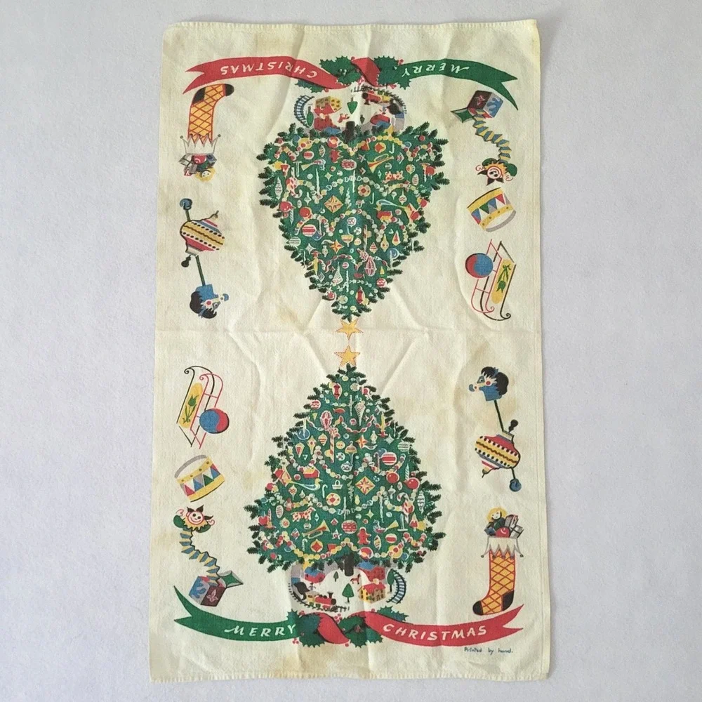 Vintage Hand Printed Linen Christmas Tea Towel Mid Century Retro Holiday Decor